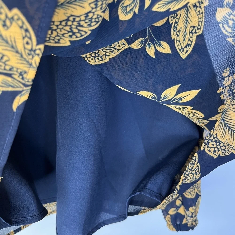 J Crew Smocked Ruched Chiffon Regal Gold Navy Floral Coquette Blouse Women Sz XS